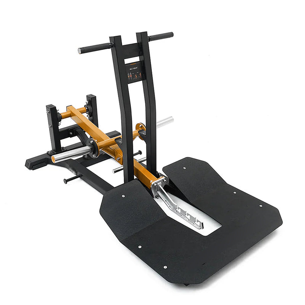 Machine belt squat UltraFitness jaune et noire, vue de trois quarts