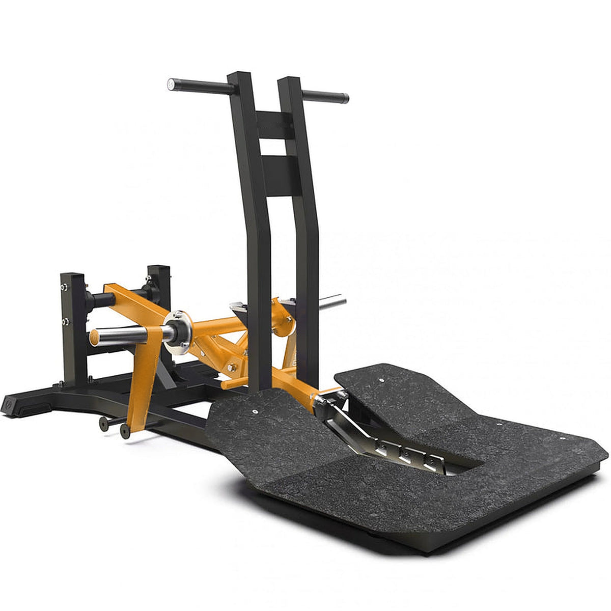 Machine belt squat UltraFitness jaune avec sa grande plateforme antidérapante