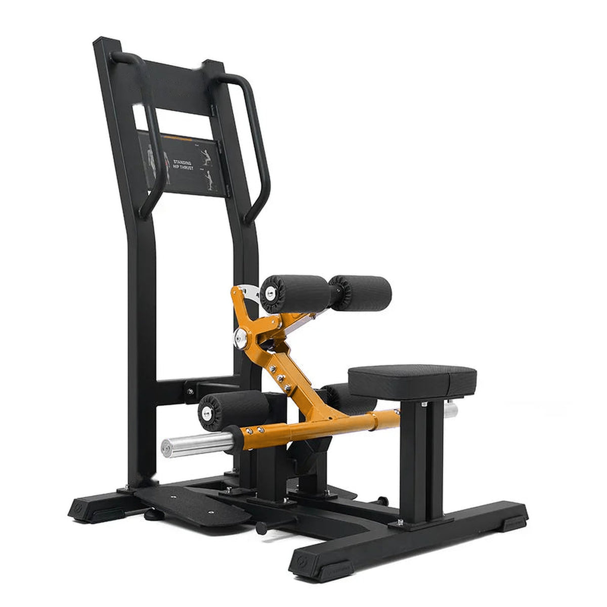 Machine hip thrust debout UltraFitness jaune, vue de trois quarts