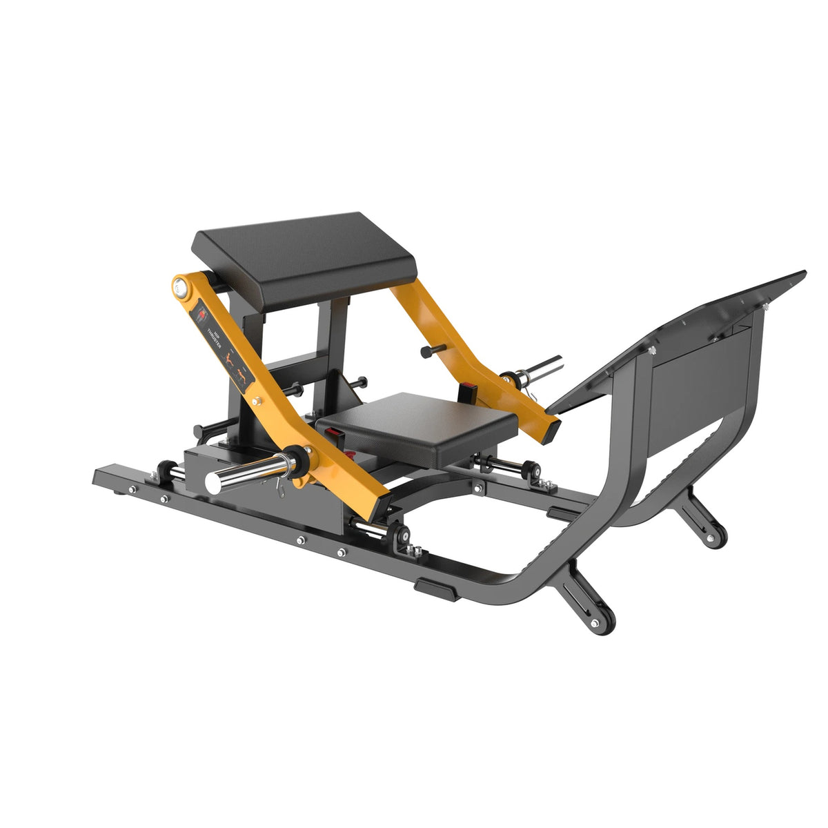 Hip thruster UltraFitness jaune, vue de trois quarts arrière