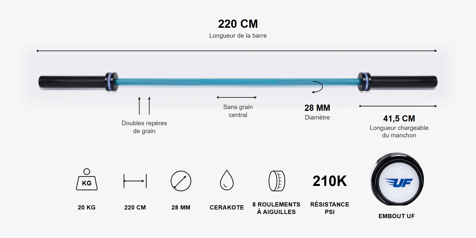 Schéma technique de la barre olympique UltraFitness 20 kg — Cerakote, 210K PSI, dimensions en cm