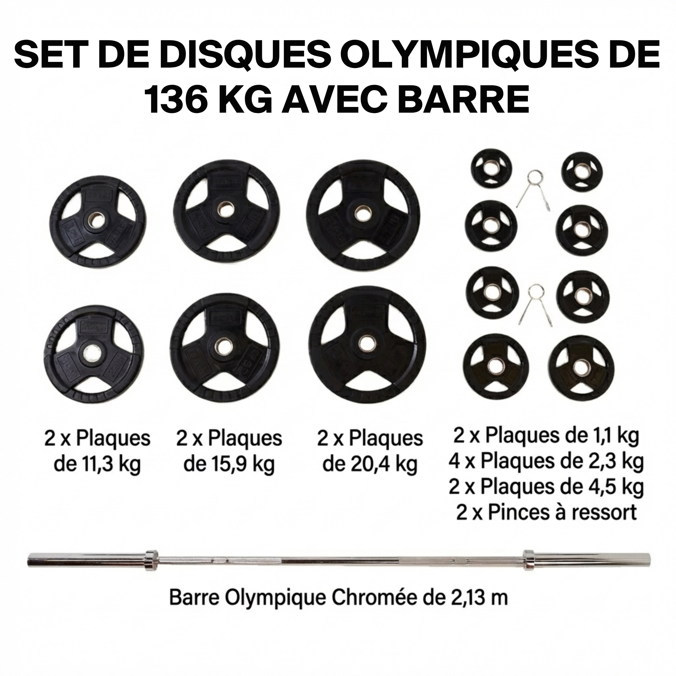 SET DE DISQUES OLYMPIQUES CENTR DE 136 KG AVEC BARRE