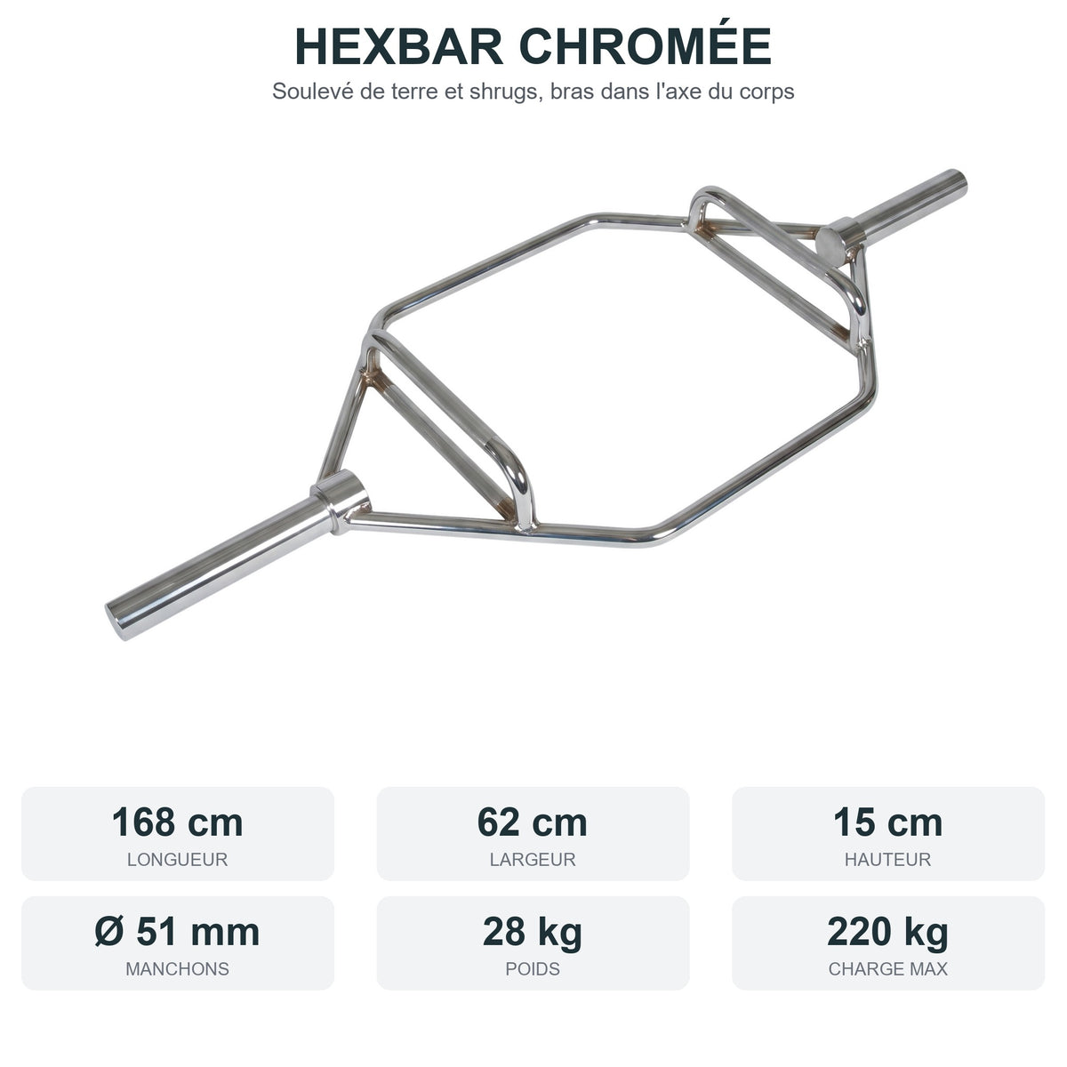 Hexbar : 168 x 62 x 15 cm, manchons 51 mm, 28 kg, charge max 220 kg