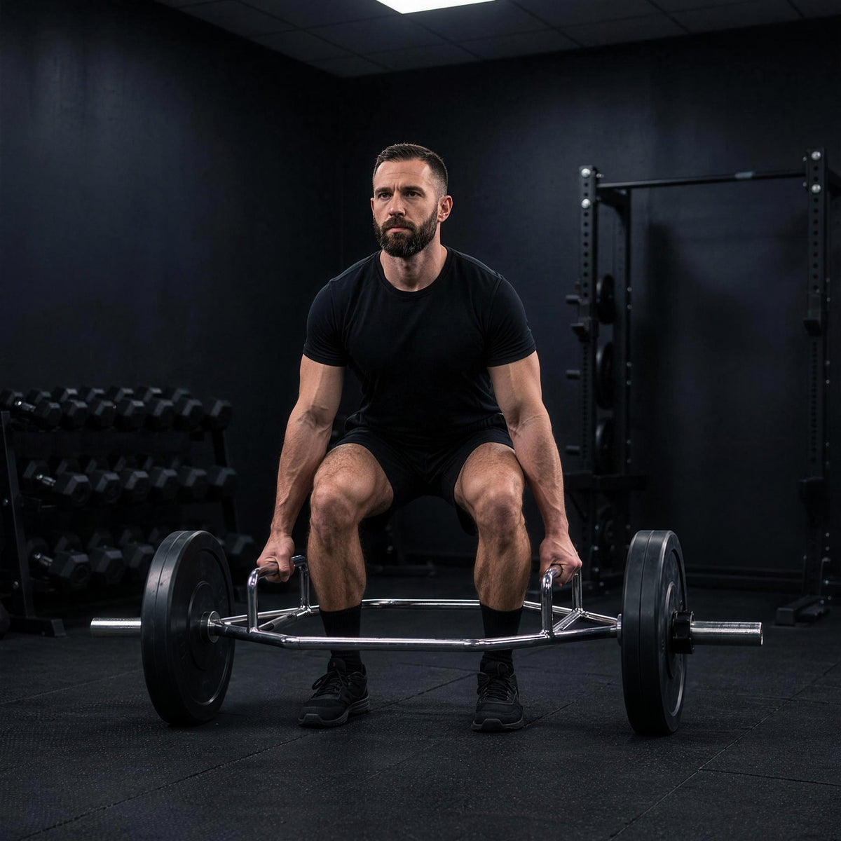 Hexbar chromée, position basse du soulevé de terre en salle de musculation
