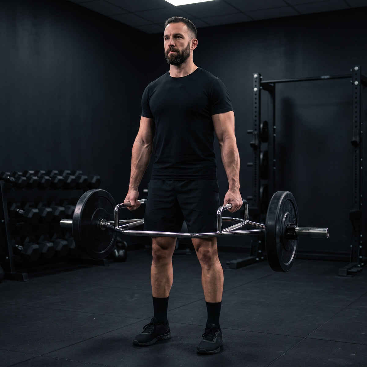 Hexbar chromée chargée, soulevé de terre en salle de musculation