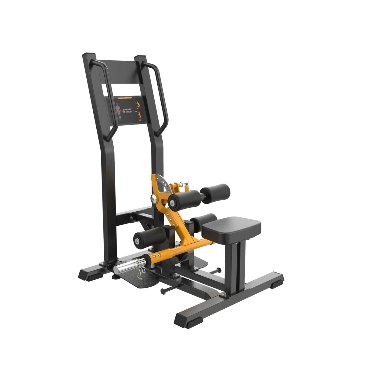 Machine hip thrust debout UltraFitness jaune et noire, vue de trois quarts arrière