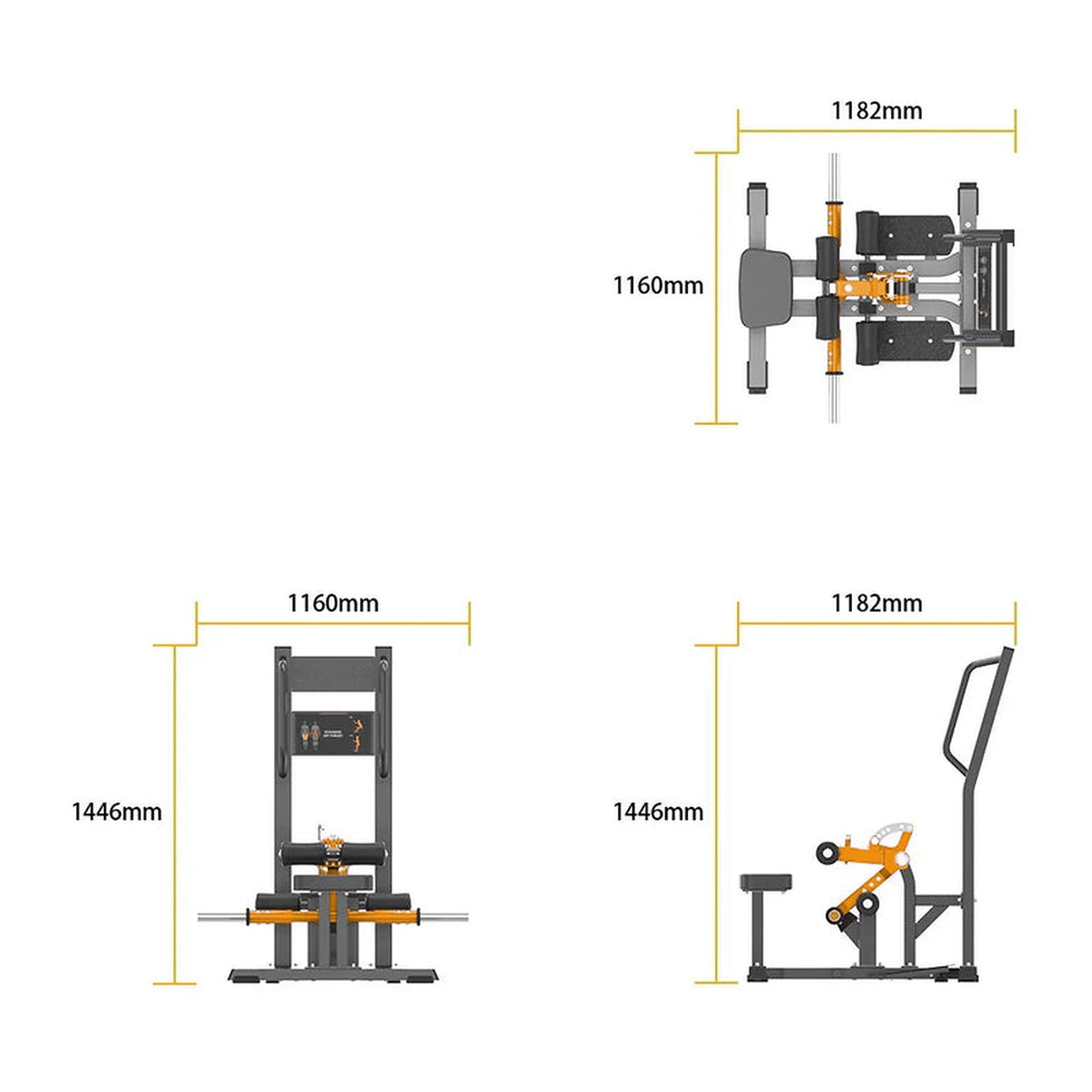 Dimensions de la machine hip thrust debout UltraFitness : 1182 x 1160 x 1446 mm